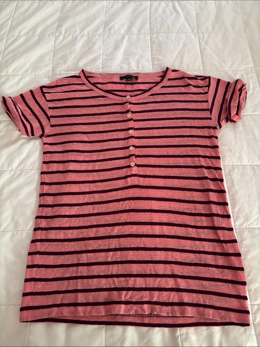 J. Crew Pink and Navy Striped Short-Sleeve Henley Linen NWOT